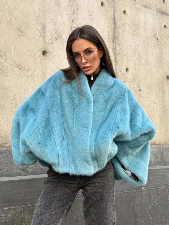 Норковая шуба летучка с V-образным воротником, цвет - тиффани - фото 8