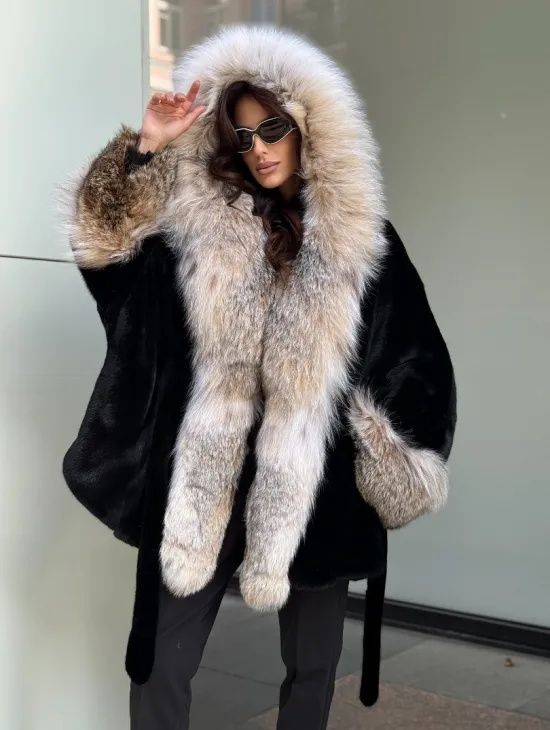 Черная норковая шуба PREMIUM COLLECTION с отделкой из меха канадской рыси - фото 9