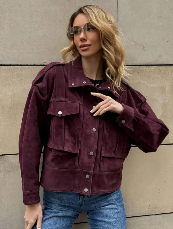 Винтажная женская повседневная куртка из натуральной замши Burgundy - фото 6