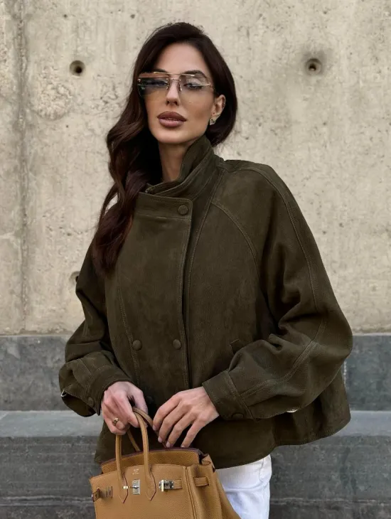 Женский замшевый блейзер - стойка воротник - фото 8