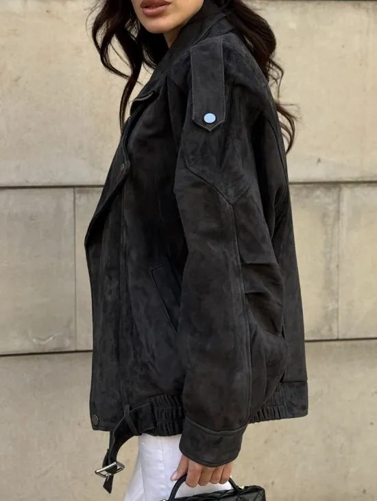 Бомбер оверсайз из замши Grey с двойным воротником и карманами - фото 5