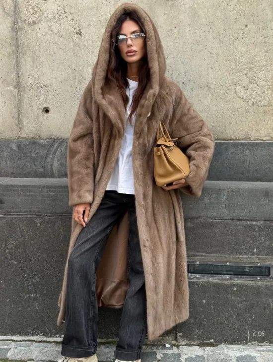 Длинная норковая шуба Pastel с капюшоном кобра - фото 7