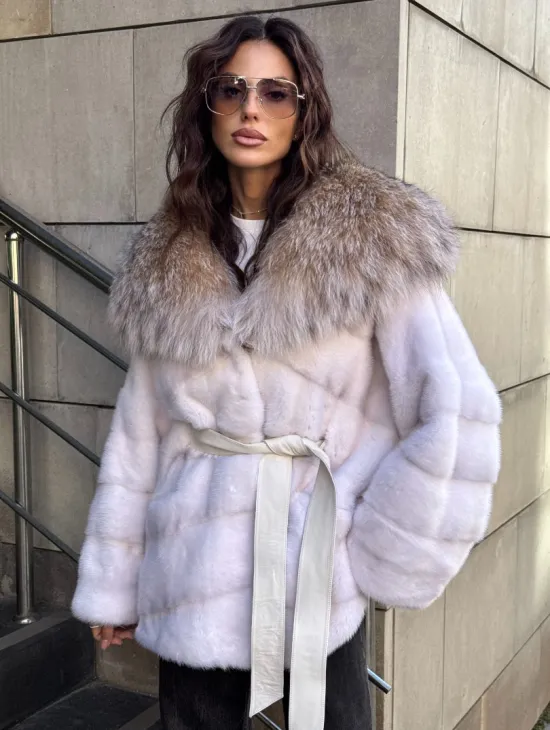 Норковая шуба с мехом рыси - белая - фото 6