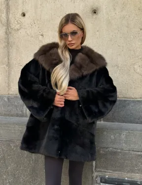 Черный норковый полушубок с капюшоном куница - фото 10