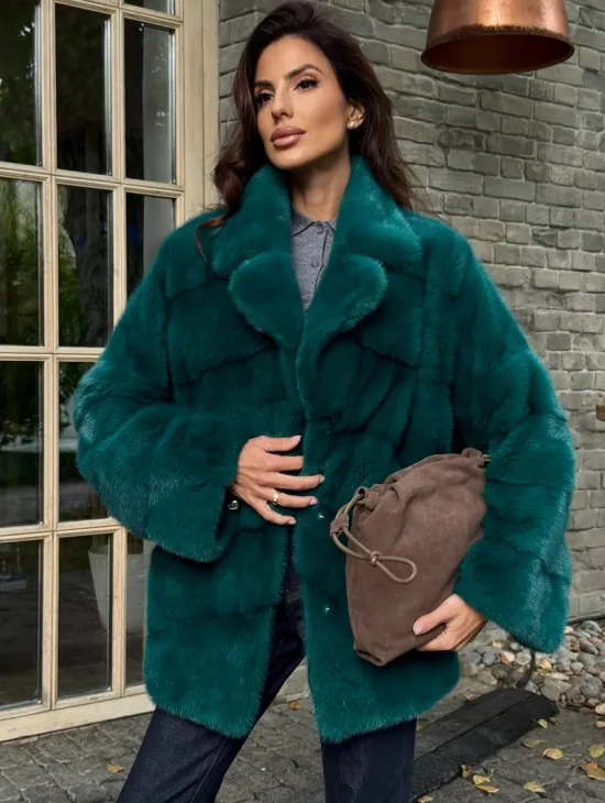 Полушубок норковый - цвет изумруд - фото 3
