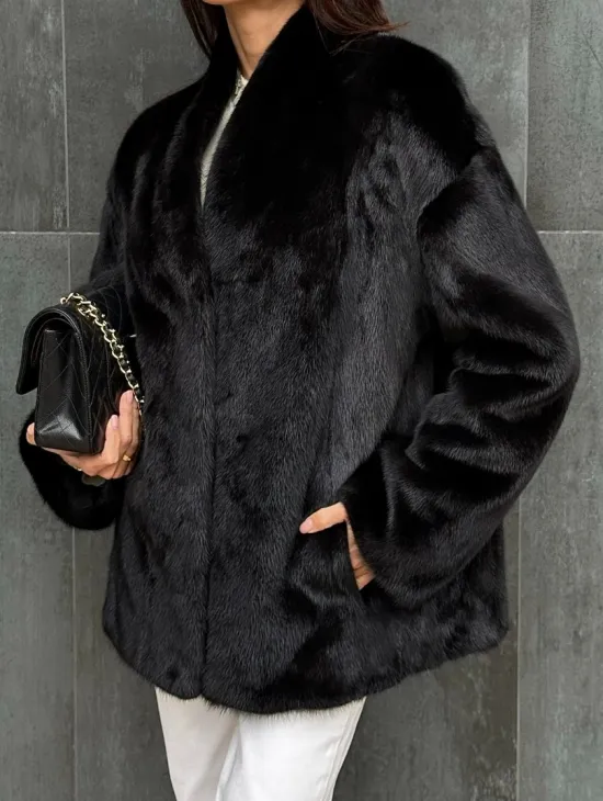 Черный норковый полушубок V-образный воротник - фото 1
