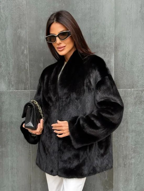 Черный норковый полушубок V-образный воротник - фото 6
