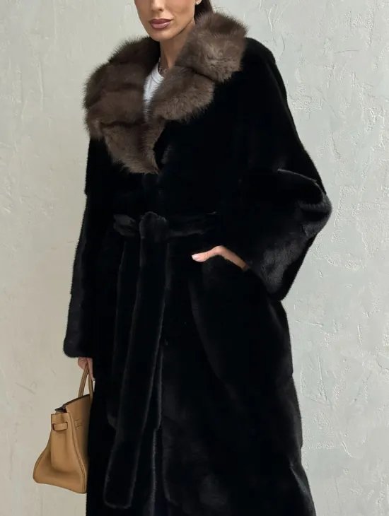 Черная норковая шуба - воротник куница - фото 1