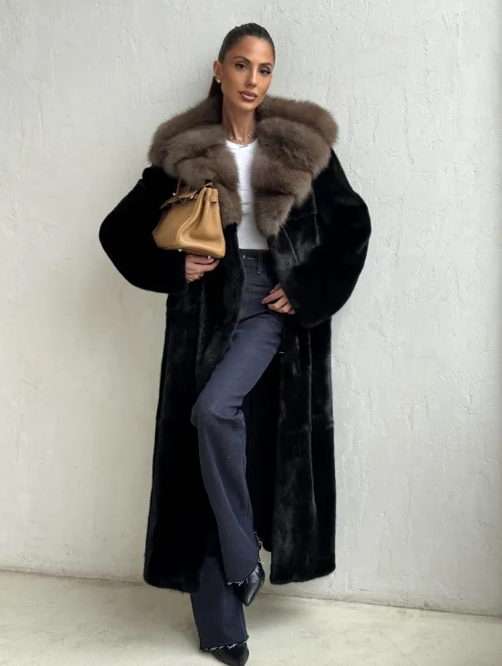 Черная норковая шуба с поясом - капюшон куница - фото 5