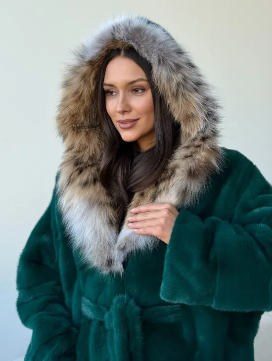 Норковая шуба с капюшоном из рыси - фото 10