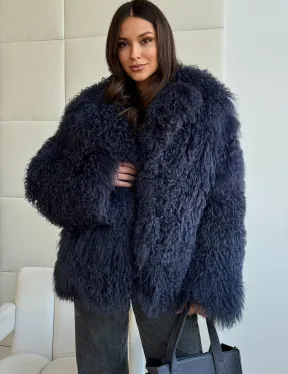 Шуба из ламы - цвет джинс - фото 0