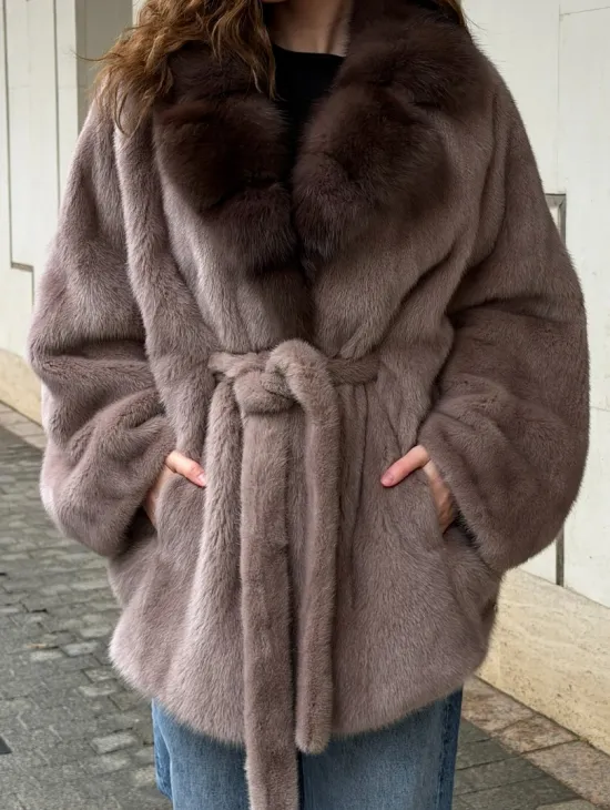 Норковая шуба летучка - воротник куница - фото 3