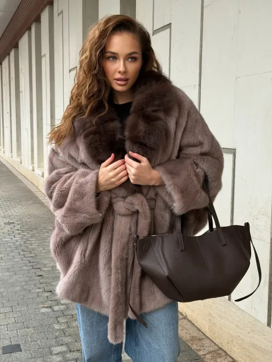 Норковая шуба летучка - воротник куница - фото 9