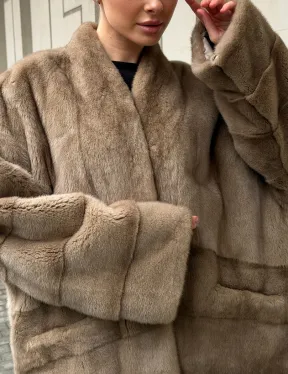 Норковый полушубок пастель V-образный воротник - фото 2