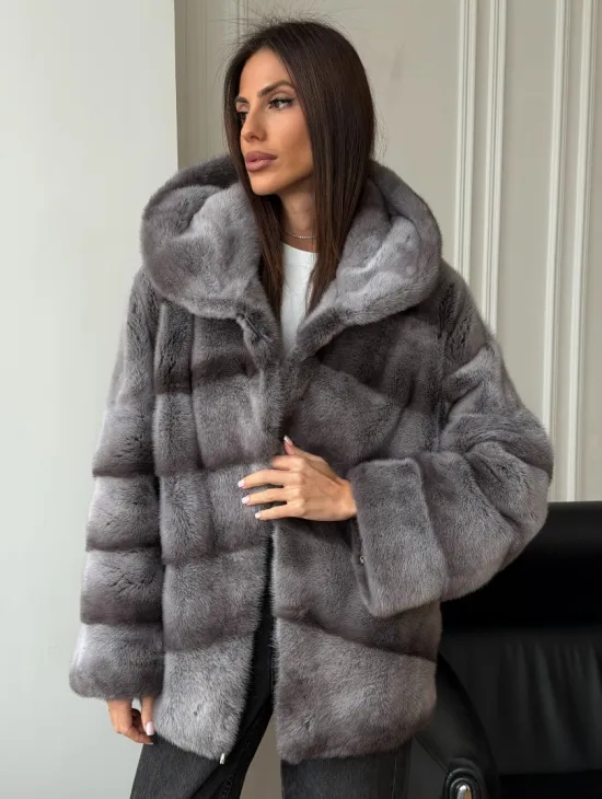 Норковый полушубок с капюшоном - цвет Platinum - фото 0