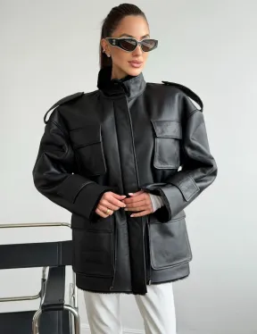 Черная куртка - дубленка из испанского мериноса - фото 0