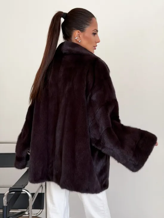 Норковый полушубок - цвет инжир - фото 2