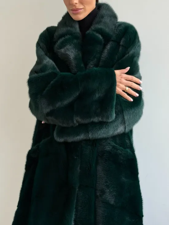 Зеленая норковая шуба - английский воротник - фото 3