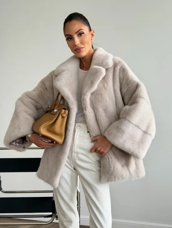 Светлый норковый полушубок - английский воротник - фото 6