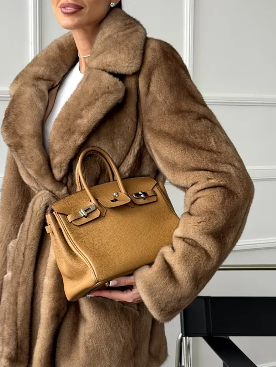 Полушубок норковый пастель с меховым поясом - фото 2