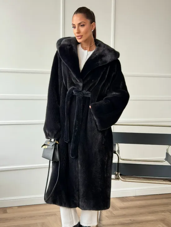 Шуба из норки BLACKGLAMA  с капюшоном в роспуск - фото 7