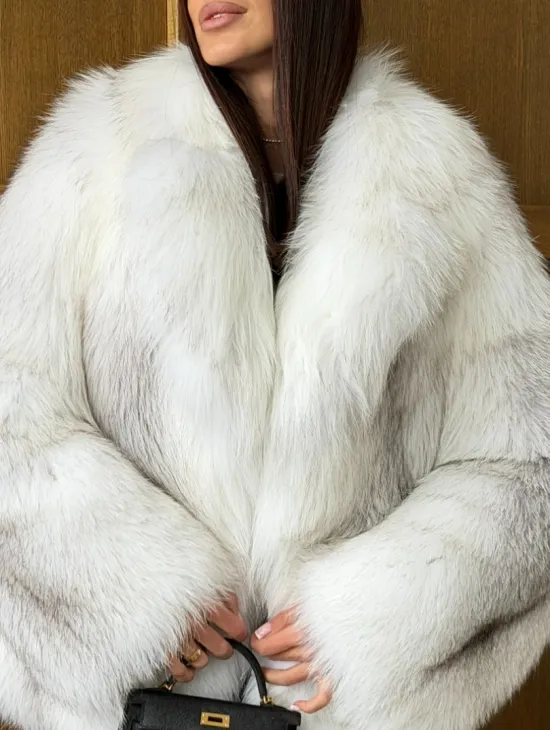 Белый полушубок из крестовой лисы - английский воротник - фото 1