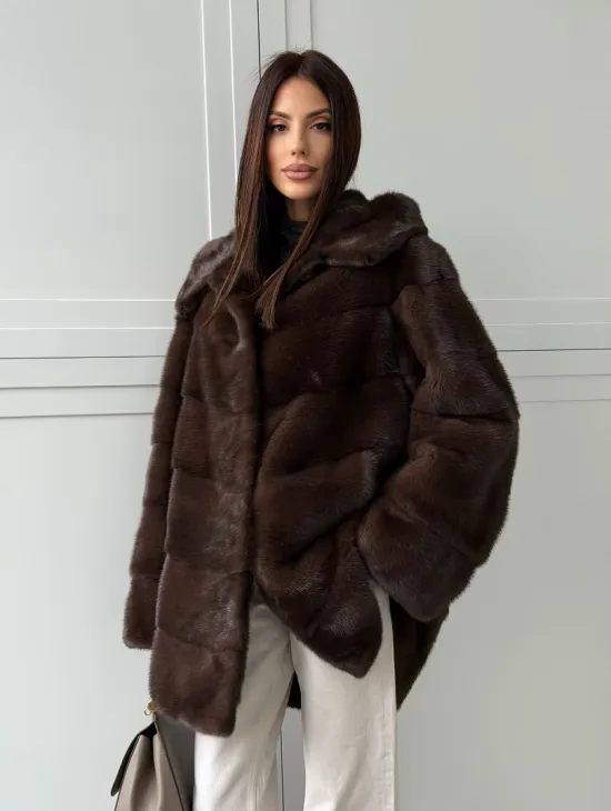 Норковая шуба в стиле «рубашка» с капюшоном - фото 11
