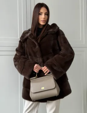 Норковая шуба в стиле «рубашка» с капюшоном - фото 0