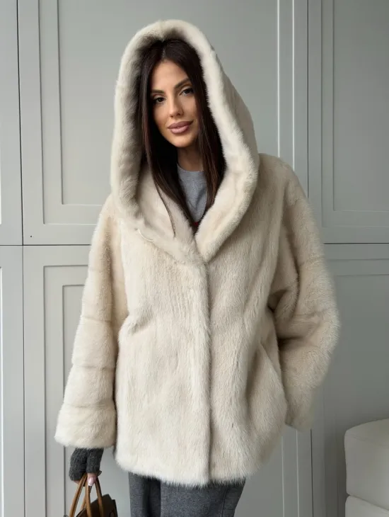 Норковый полушубок с капюшоном кобра - фото 14