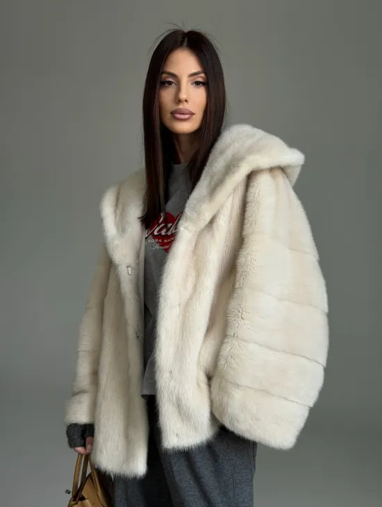 Норковый полушубок с капюшоном кобра - фото 0