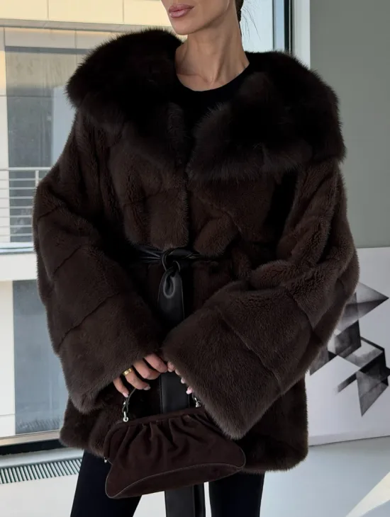 Норковая шуба кимоно с капюшоном куница - фото 4