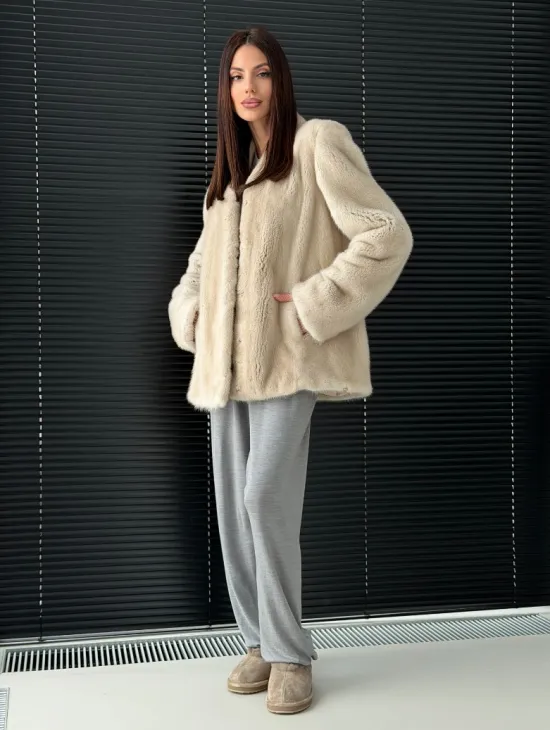 Светлый норковый жакет V-образный воротник - фото 7