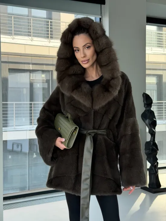 Норковое пончо шуба с капюшоном из меха куницы dark olive - фото 15