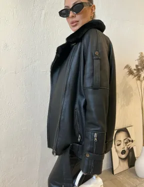 Дубленка авиатор в черном цвете из натуральной овчины - фото 2