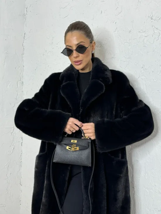 Шуба из плюшевой норки с английским воротником - цвет инфинити - фото 1