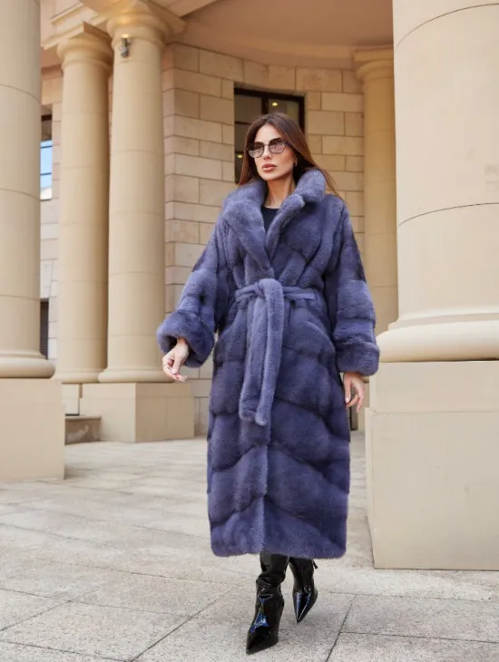 Шуба с поясом из аукционной норки цвет сапфир - фото 4