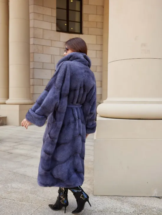 Шуба с поясом из аукционной норки цвет сапфир - фото 3