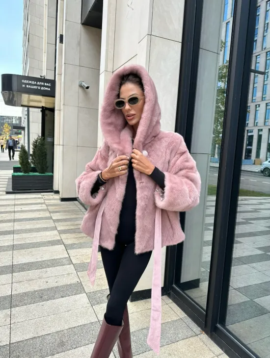 Норковый жакет с капюшоном - цвет розовый фламинго - фото 3