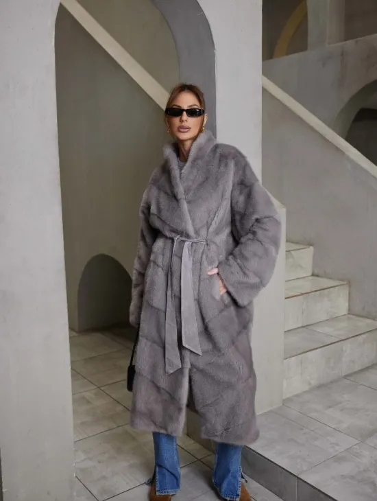 Стильная норковая шуба воротник отворот - цвет дымчато-серый - фото 4