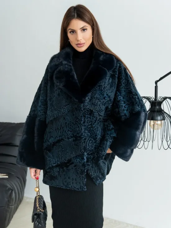 Полушубок из каракульчи свободного кроя с отделкой из меха норки - цвет темно-синий - фото 0