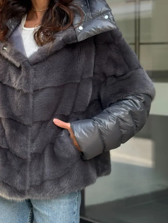 Норковый пуховик/жилет 2в1 - светлый графит - фото 3