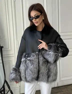 Дубленка с мехом чернобурки - цвет черный - фото 2