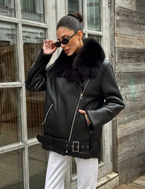 Дубленка из натуральной овчины с мехом песца - фото 0