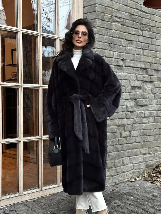 Шуба Халат из меха норки с английским воротником - цвет темный графит - фото 8