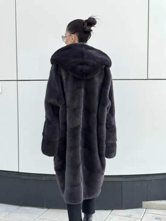 Норковая шуба паркет с капюшоном - цвет блю ирис - фото 7