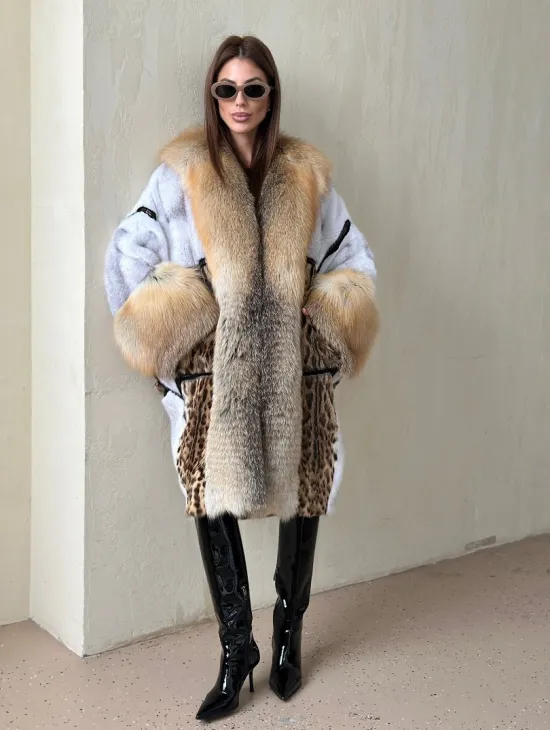 Комбинированная норковая шуба с мехом альпийской лисы - фото 0