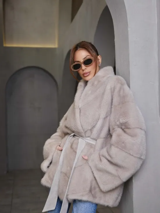 Кимоно норковое воротник отворот - цвет нюдовый - фото 3