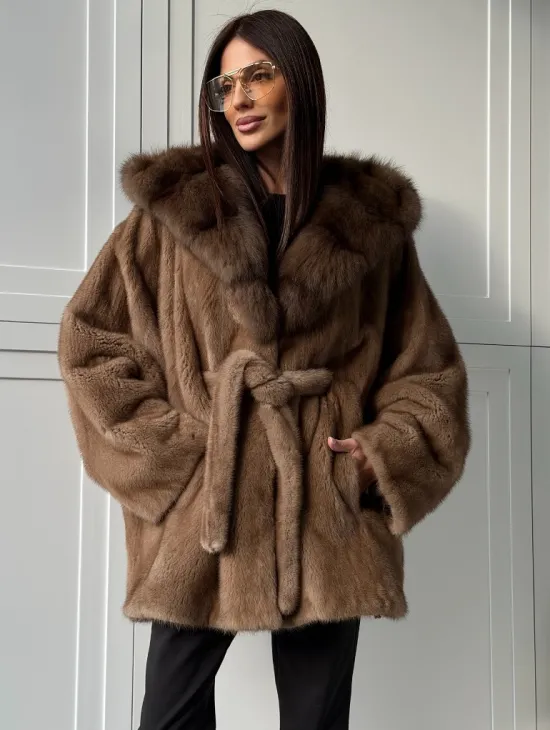 Норка NAFA пошив роспуск пастель с капюшоном куница -летучая мышь - фото 7