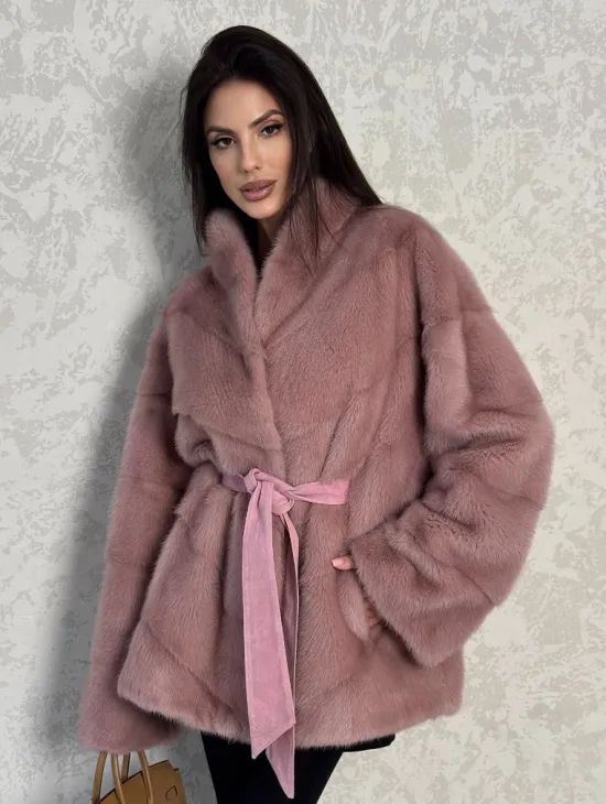 Кимоно норковое воротник отворот - цвет розовый жемчуг - фото 0