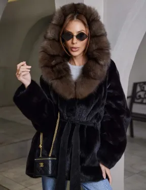 норка в роспуск шуба - черная с капюшоном куница - фото 0